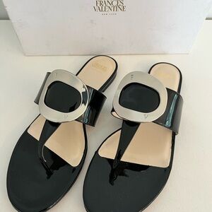 Frances Valentine Noel Black Patent Leather and Silver Thong Sandal